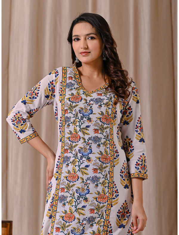 White Multi Jaal Block Printed Cotton Straight Fit Kurti