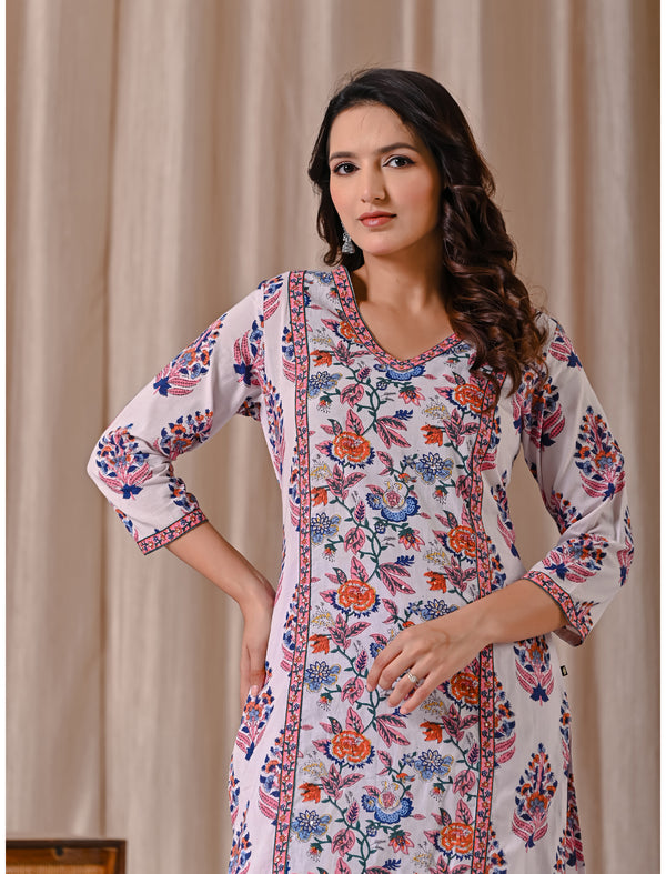 White Pink Jaal Block Printed Cotton Straight Fit Kurti