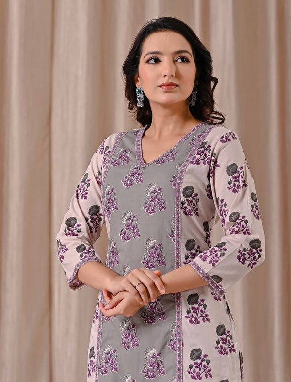 White Grey Butta Block Printed Cotton Straight Fit Kurti