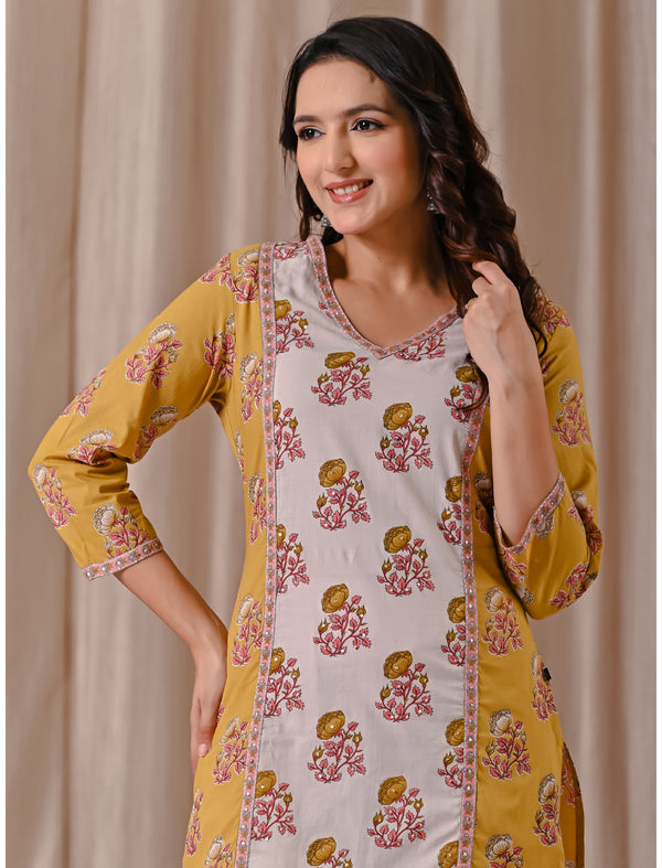 Yellow Butta Block Printed Cotton Straight Fit Kurti