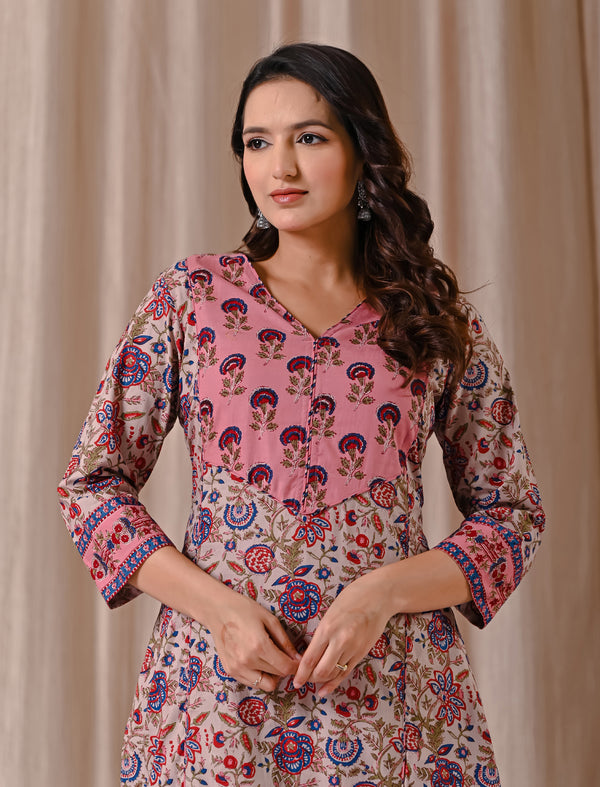 Grey Pink Jaal Block Printed Cotton Straight Kurti