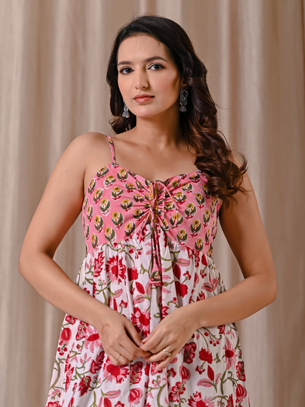 Peach White Spaghetti Strap Block Printed Cotton Dress