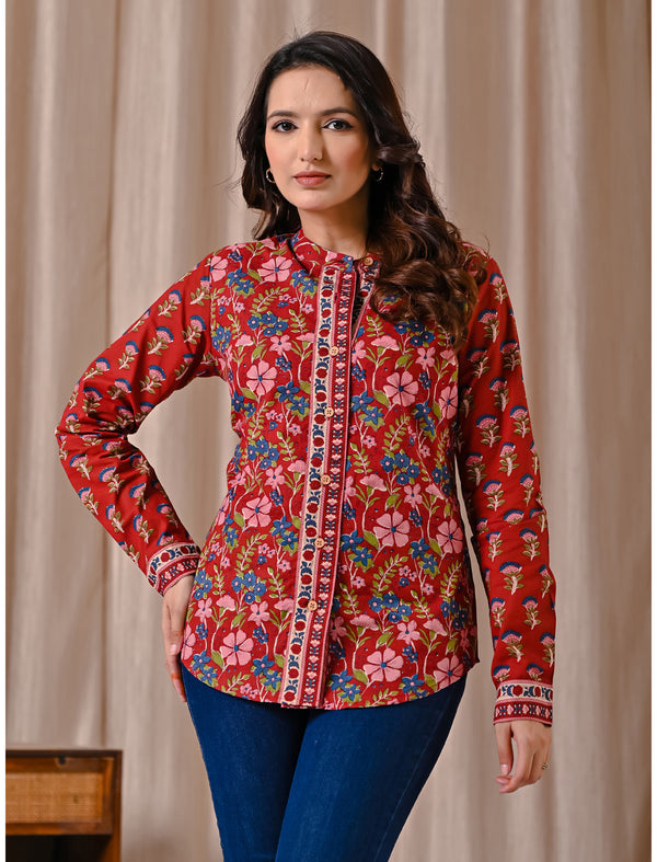 Deep Red Cotton Printed Top With Front Buttons