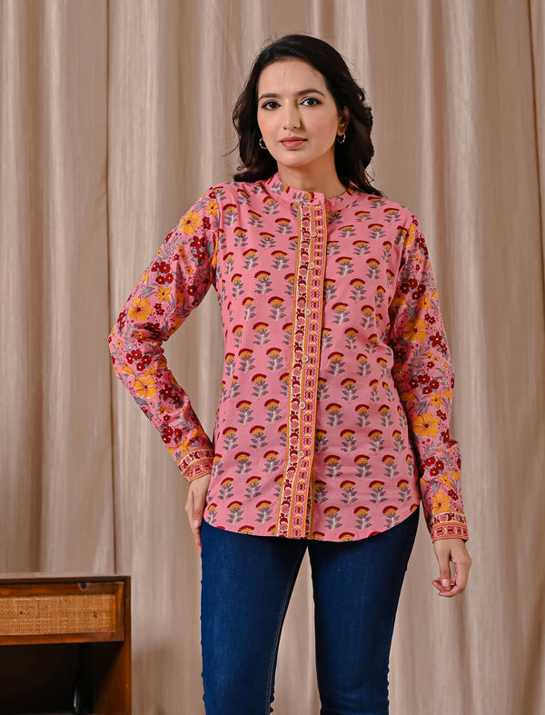 Deep Pink Butta Cotton Printed Top With Front Buttons