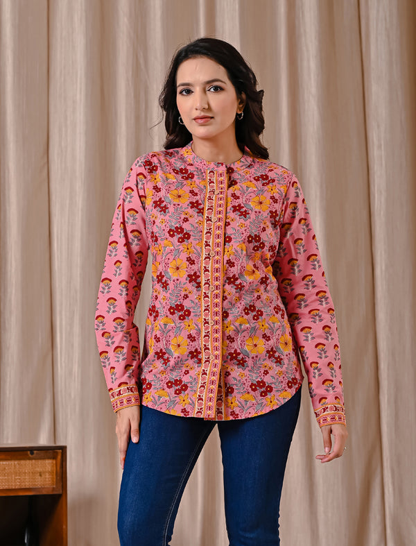 Deep Pink Jaal Cotton Printed Top With Front Buttons