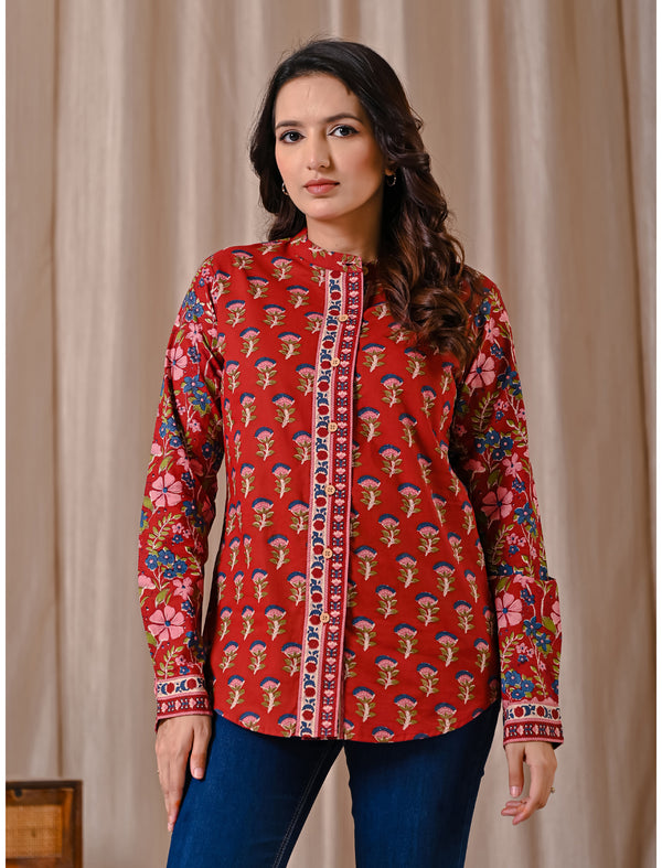 Deep Red Butta Cotton Printed Top With Front Buttons