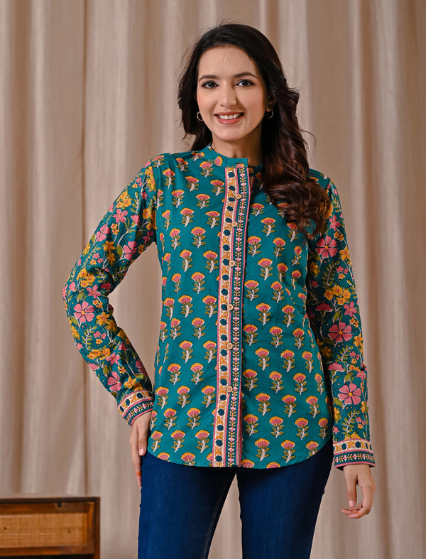 Deep Green Butta Cotton Printed Top With Front Buttons
