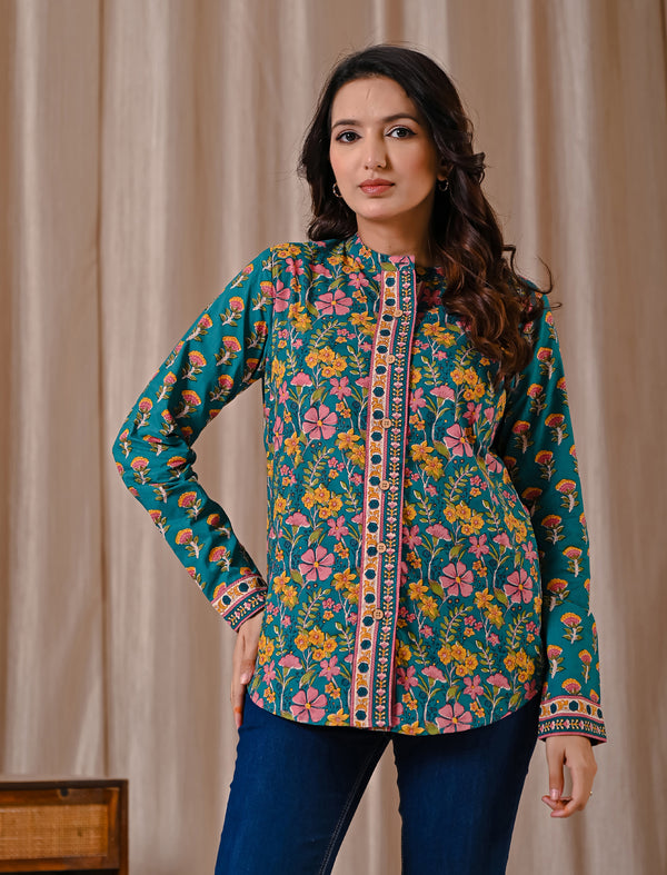 Deep Green Jaal Cotton Printed Top With Front Buttons