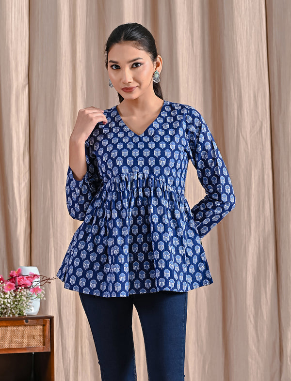 Blue Jaipuri Block Printed Cotton Peplum Top