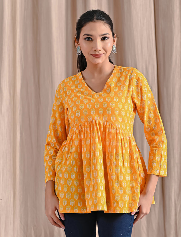 Yellow Jaipuri Block Printed Cotton Peplum Top