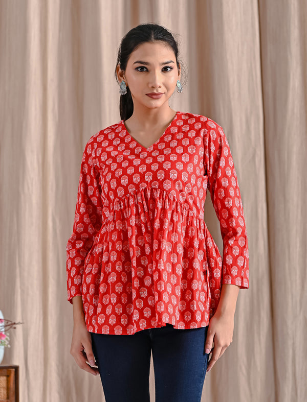 Red Jaipuri Block Printed Cotton Peplum Top