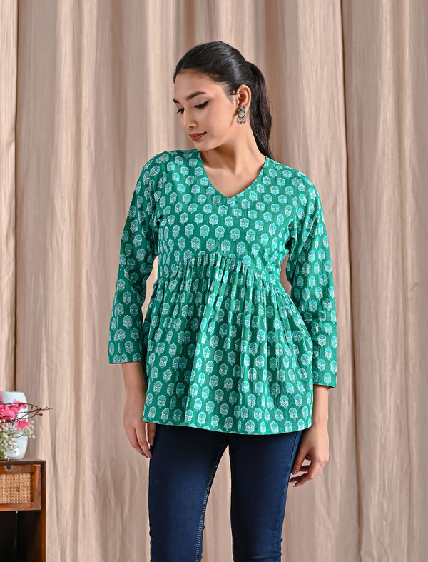 Green Jaipuri Block Printed Cotton Peplum Top