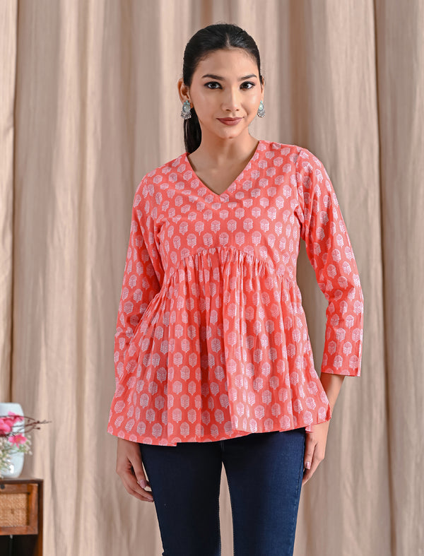 Peach Jaipuri Block Printed Cotton Peplum Top
