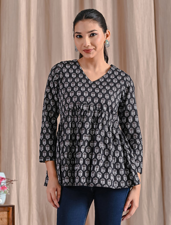 Black Jaipuri Block Printed Cotton Peplum Top