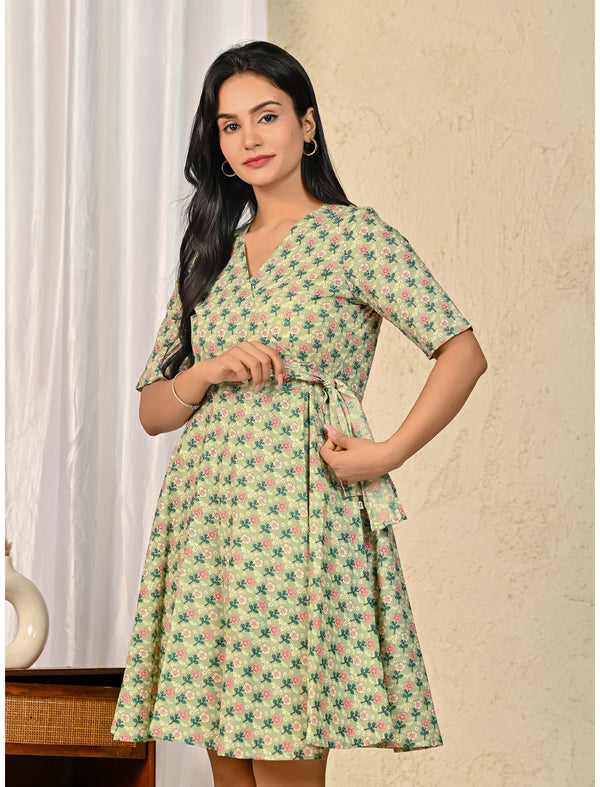 Green Butta Cotton Printed Wrap Dress
