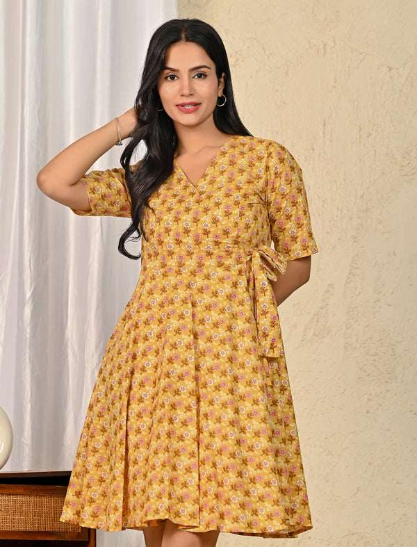 Yellow Butta Cotton Printed Wrap Dress