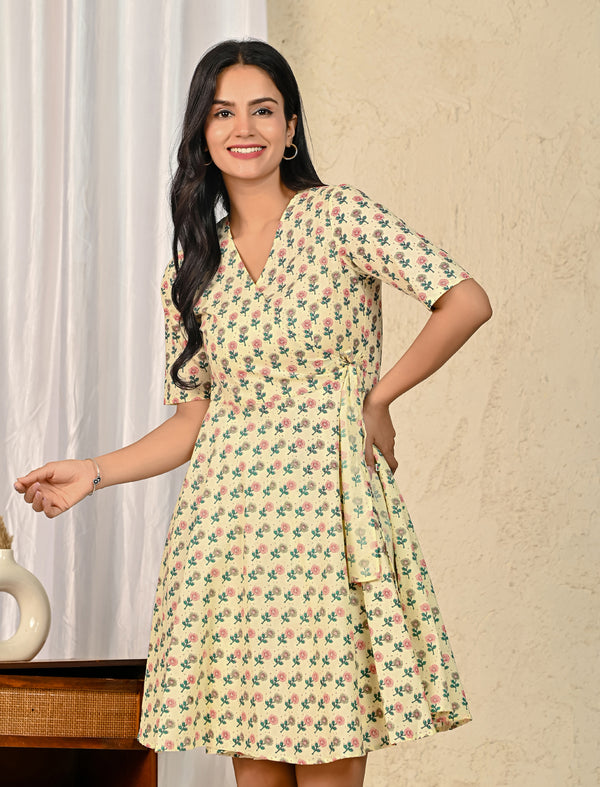 Pastel Butta Cotton Printed Wrap Dress