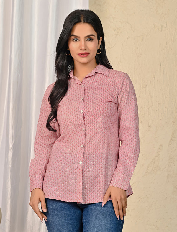 Peach Cotton Printed Full Sleeves Shirt For Women