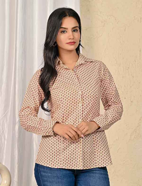 Cream Cotton Printed Full Sleeves Shirt For Women