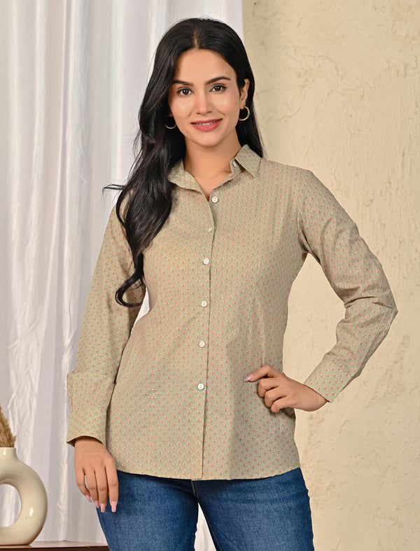 Green Cotton Printed Full Sleeves Shirt For Women