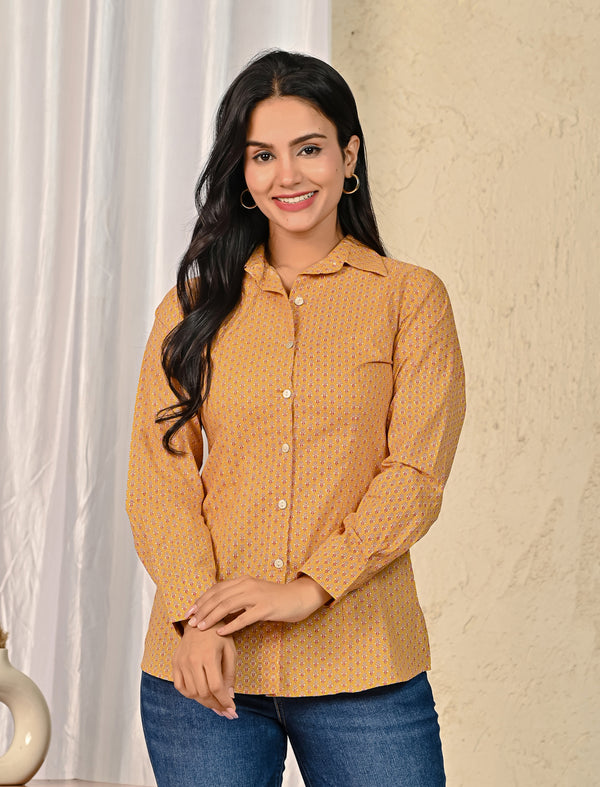 Yellow Cotton Printed Full Sleeves Shirt For Women