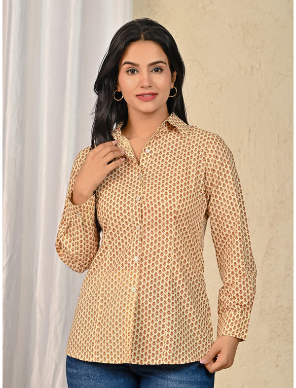 Cream Cotton Printed Full Sleeves Shirt For Women