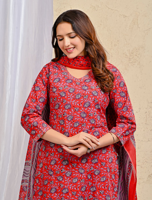Red Block Printed Cotton Kurta Pant Set With Mulmul Dupatta
