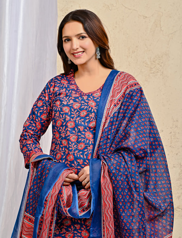 Blue Jaal Block Printed Cotton Kurta Pant Set With Mulmul Dupatta