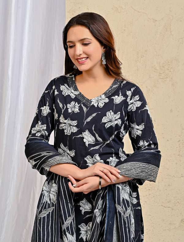 Black Block Printed Cotton Kurta Pant Set With Mulmul Dupatta