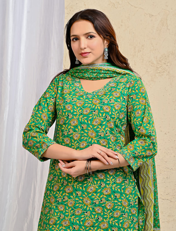Green Block Printed Cotton Kurta Pant Set With Mulmul Dupatta