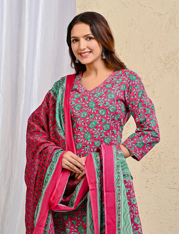 Pink Jaal Block Printed Cotton Kurta Pant Set With Mulmul Dupatta