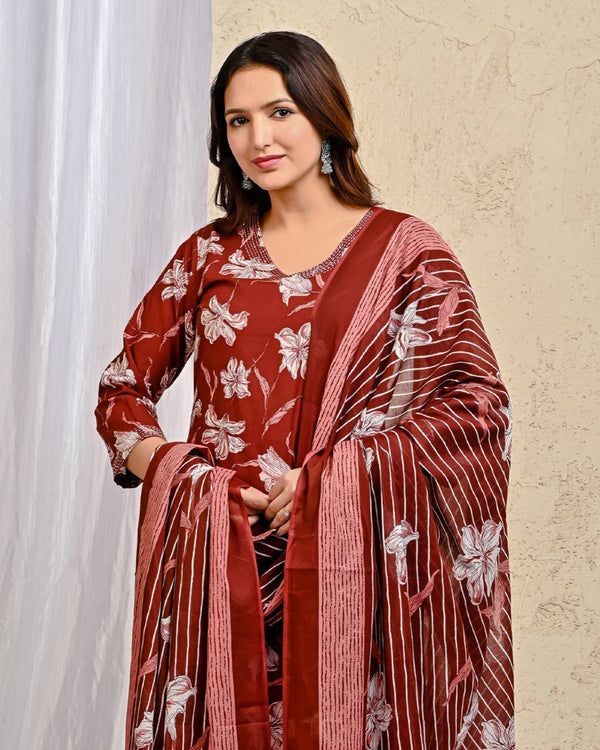 Maroon Block Printed Cotton Kurta Pant Set With Mulmul Dupatta