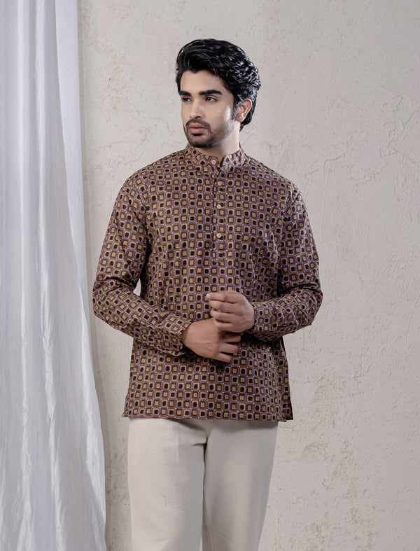 Cotton Printed Full Sleeves Short Kurta For Men