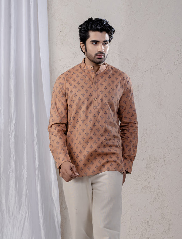 Cotton Printed Full Sleeves Short Kurta For Men