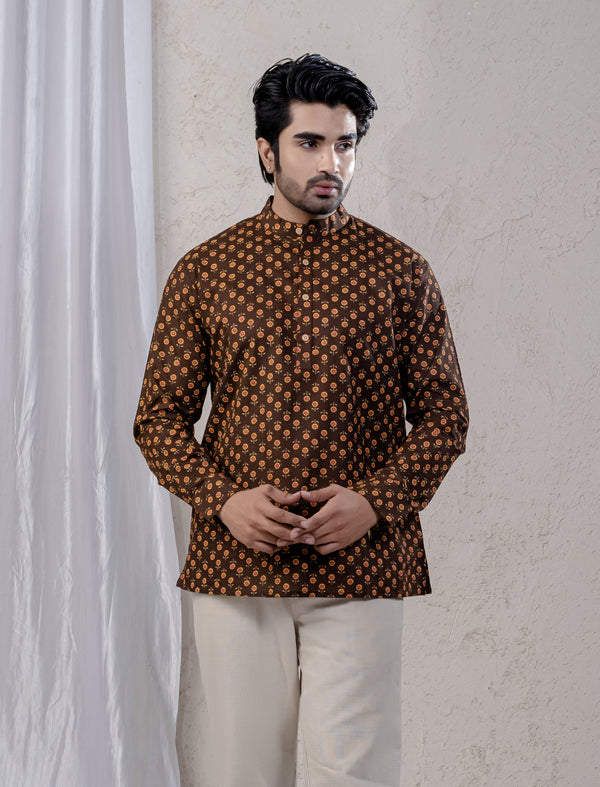 Cotton Printed Full Sleeves Short Kurta For Men