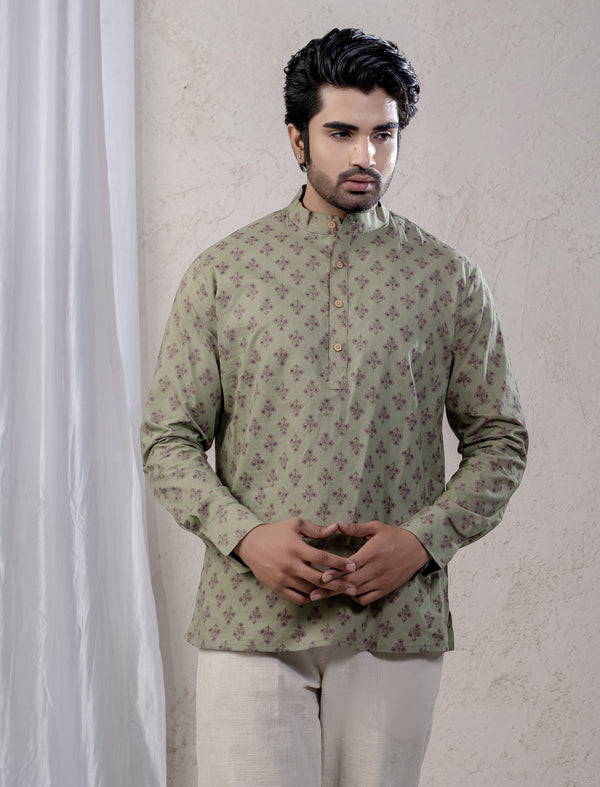 Cotton Printed Full Sleeves Short Kurta For Men
