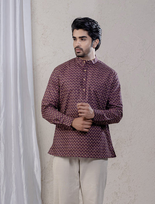 Cotton Printed Full Sleeves Short Kurta For Men