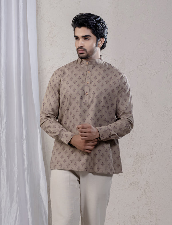 Cotton Printed Full Sleeves Short Kurta For Men