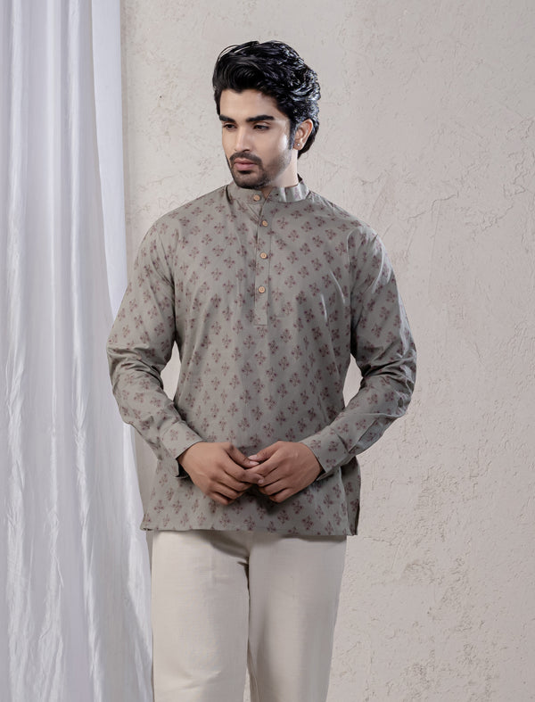 Cotton Printed Full Sleeves Short Kurta For Men
