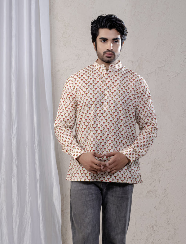 Cotton Printed Full Sleeves Short Kurta For Men