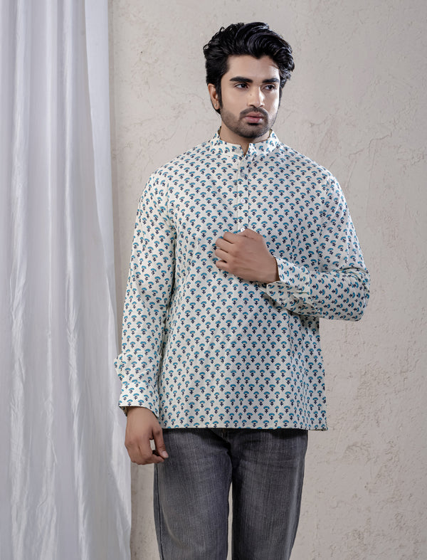 Cotton Printed Full Sleeves Short Kurta For Men