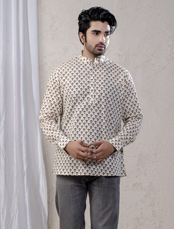 Cotton Printed Full Sleeves Short Kurta For Men