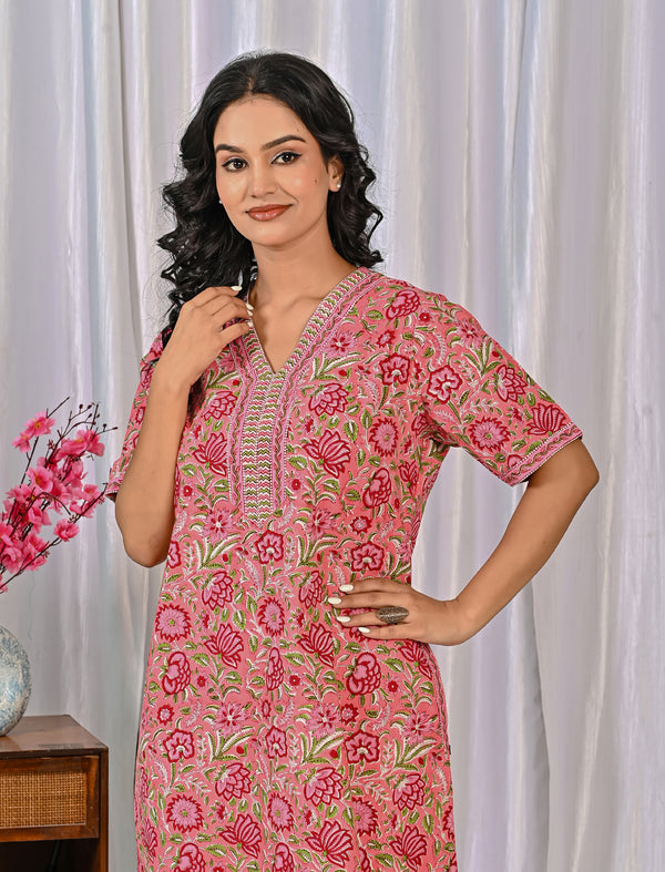 Hand Block Cotton Jaal Printed Night Gown