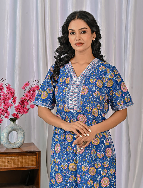 Hand Block Cotton Jaal Printed Night Gown