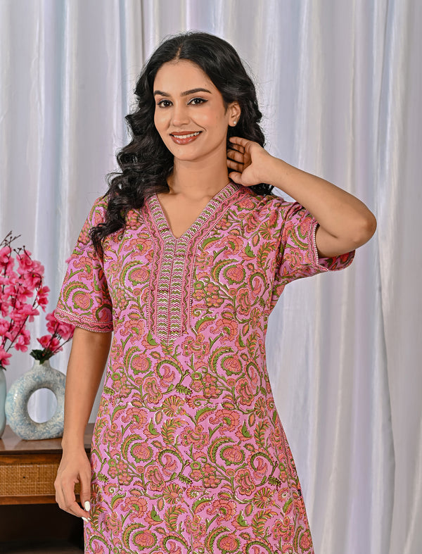 Hand Block Cotton Jaal Printed Night Gown