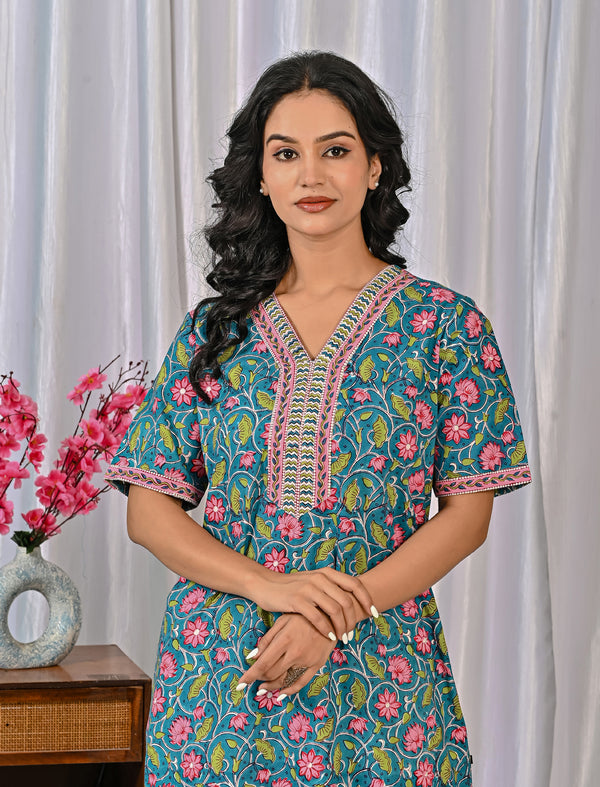 Hand Block Cotton Jaal Printed Night Gown