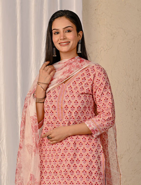 Peach Butta Block Printed Cotton Kurta Pant Set