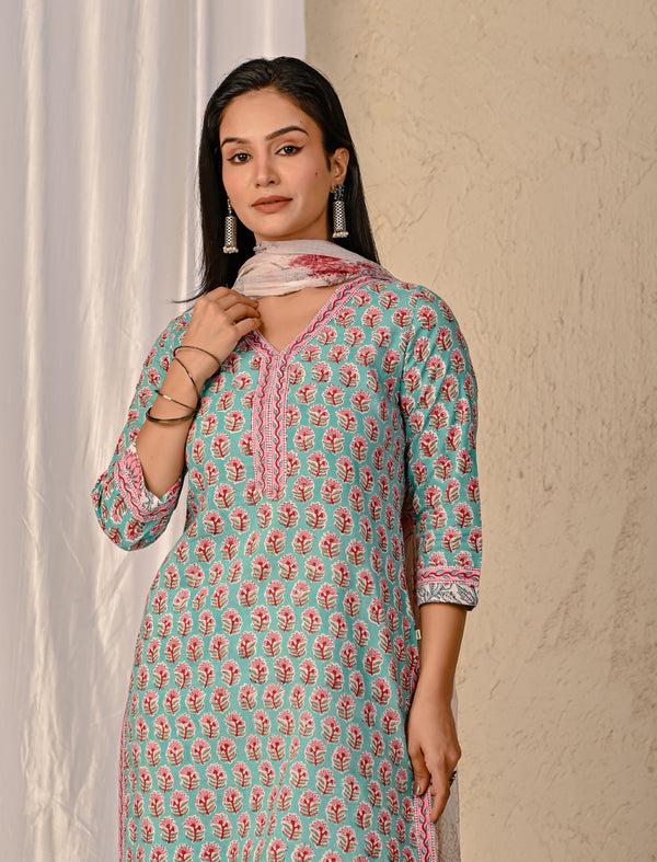 Turquoise Butta Block Printed Cotton Kurta Pant Set