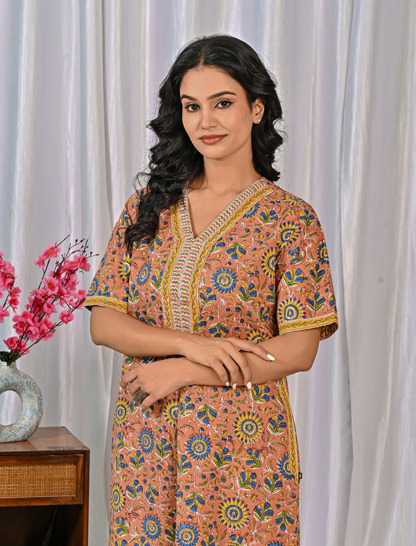 Hand Block Cotton Jaal Printed Night Gown