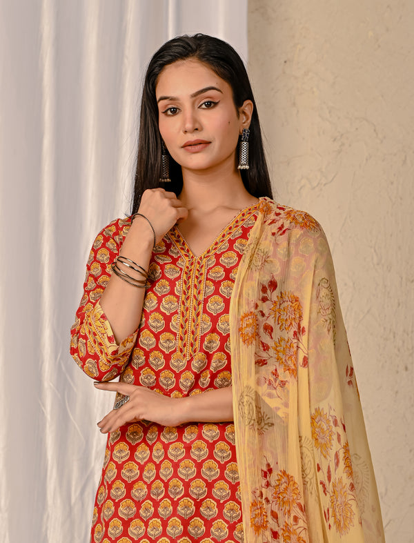 Red Butta Block Printed Cotton Kurta Pant Set